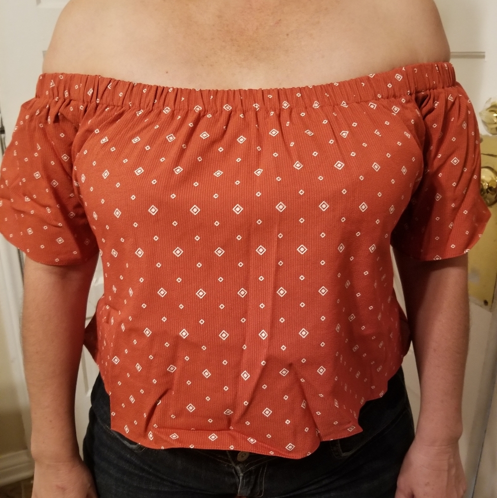 Women's Blouse red shoulder off size small and Medium relaxing top